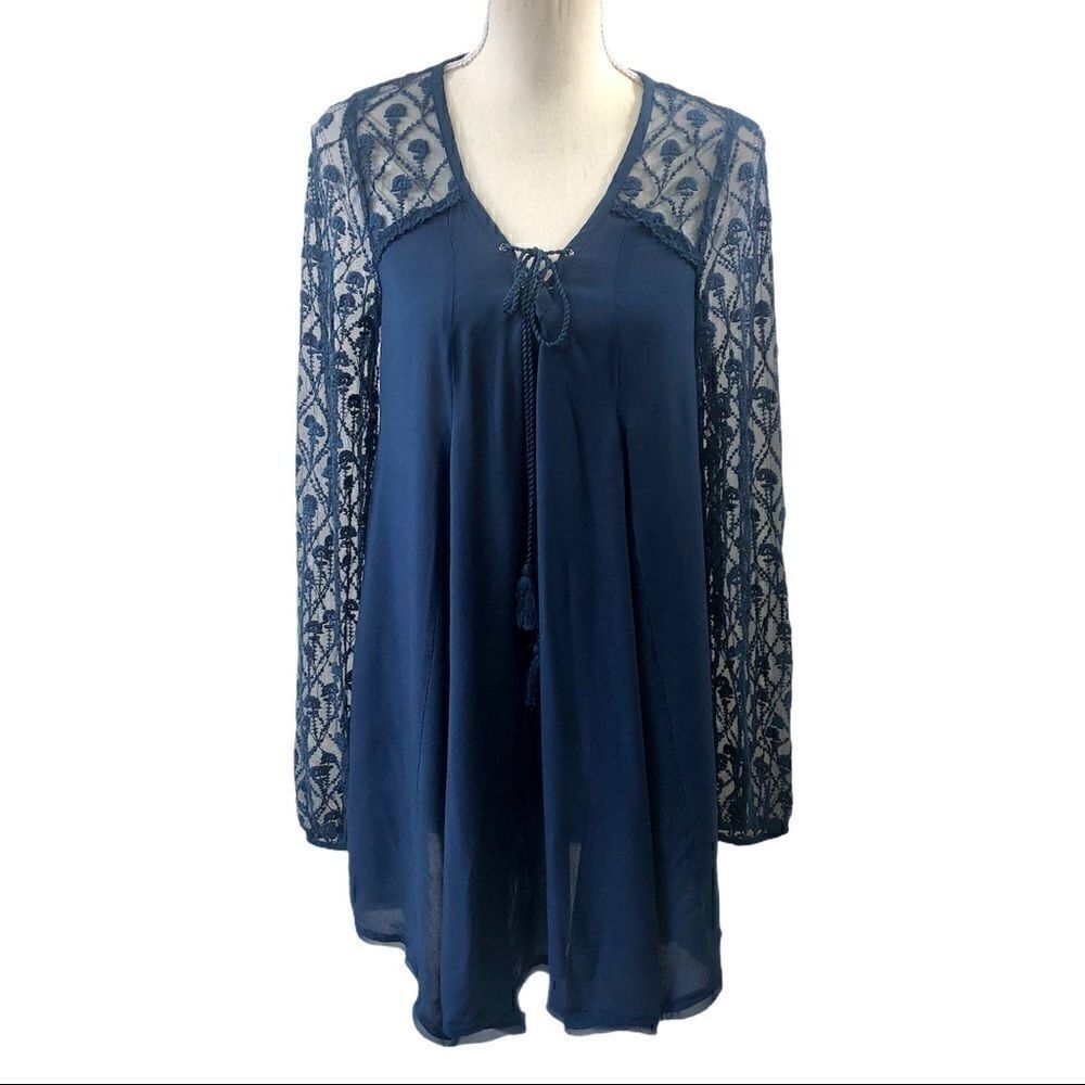 Ecote Blue Aura Lace Up Loose Lacy Dress Size S